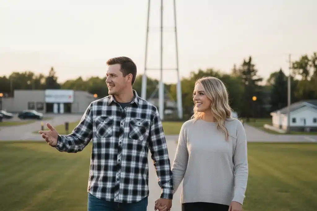 A young couple smiling and walking together outdoors in Virden, Manitoba, with a small-town streetscape and tall antenna towers visible in the background.
