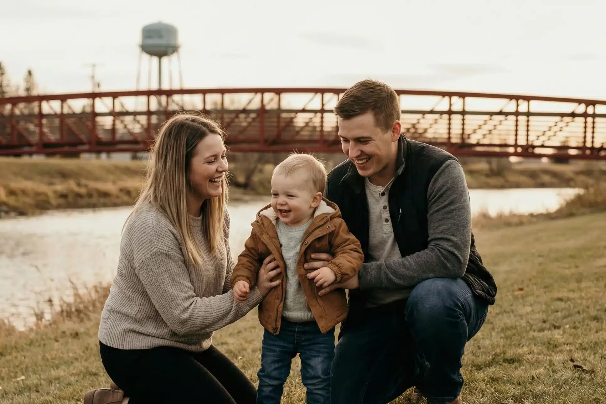 A young family — a mother, father, and toddler — laughing together outdoors near a river with a bridge in the background in Melita, Manitoba.