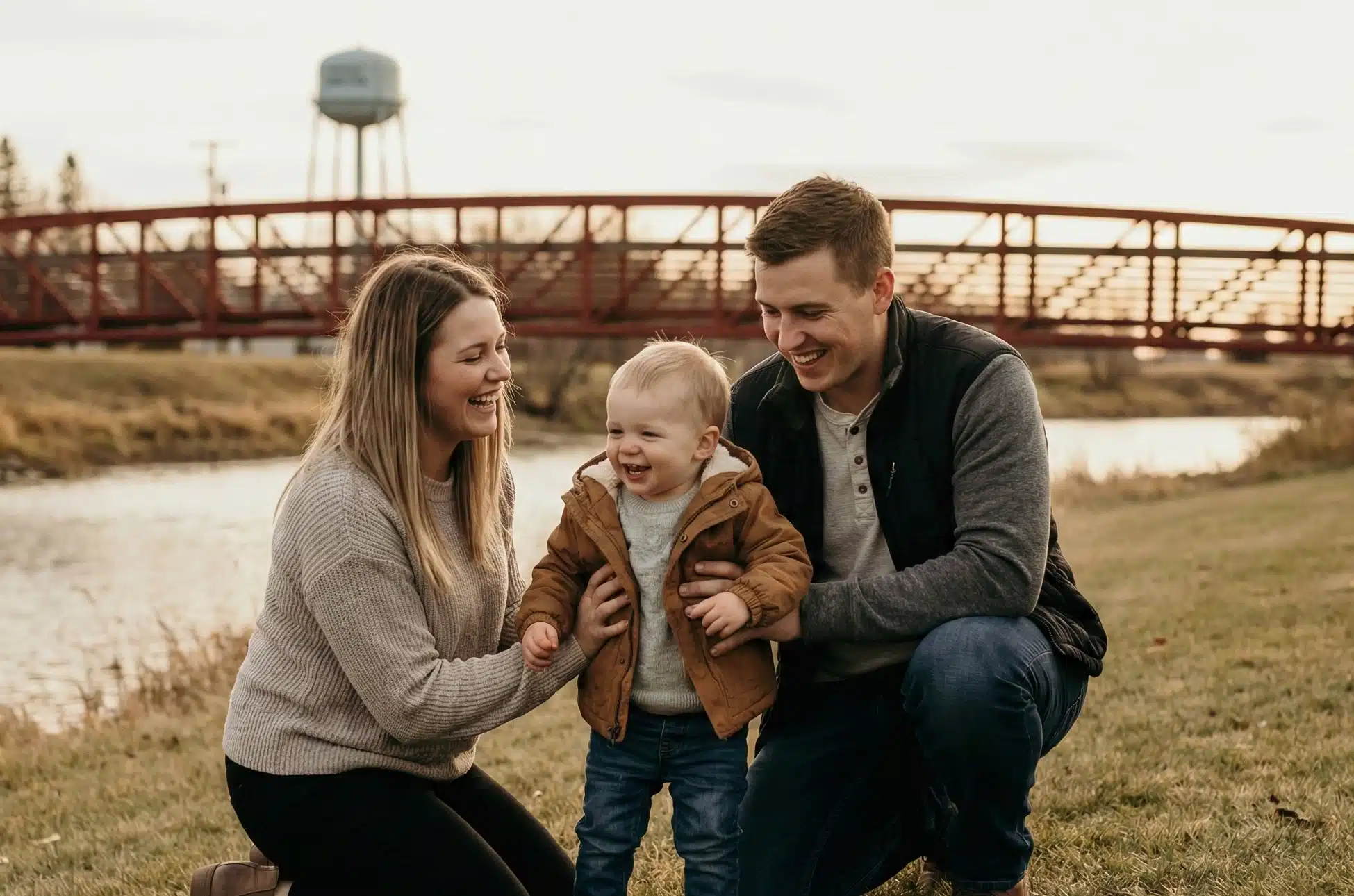 A young family — a mother, father, and toddler — laughing together outdoors near a river with a bridge in the background in Melita, Manitoba.