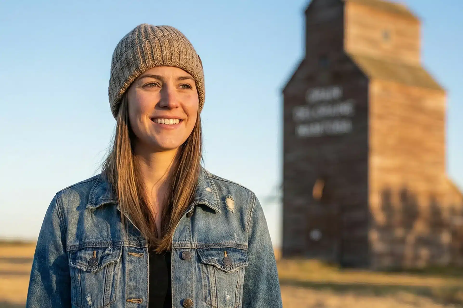 A smiling young woman wearing a knit toque and denim jacket, standing outdoors in Deloraine, Manitoba, with a historic grain elevator visible in the background.