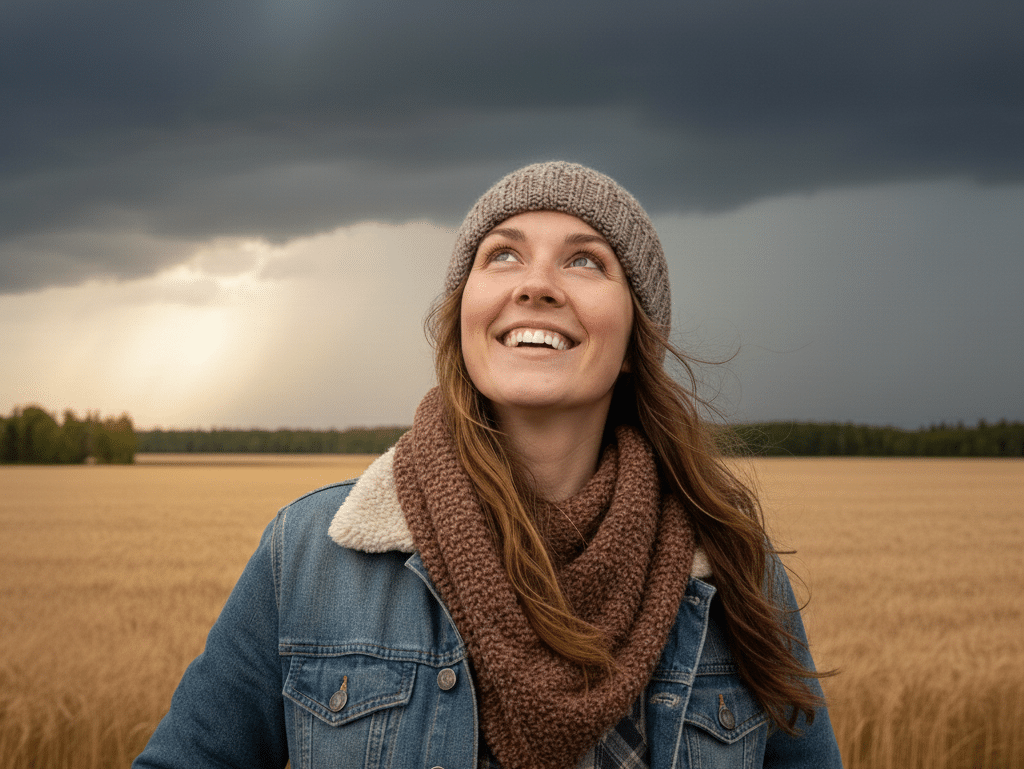 A woman looks at the sky and worries that her satellite signal will fail.