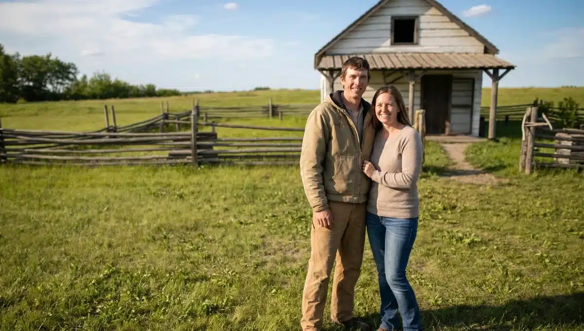 a young couple outside Cannington manor in manor saskatchewan
