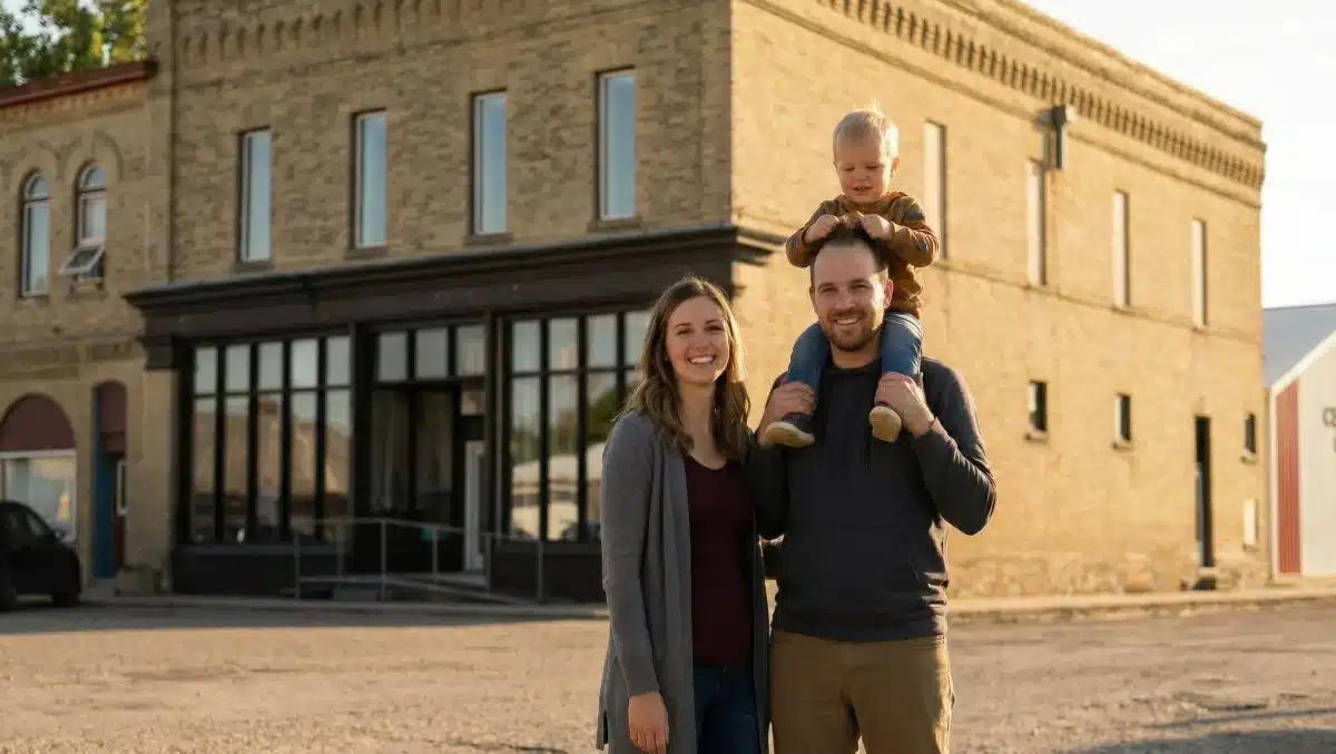 young couple outside the harney museum in hartney manitoba